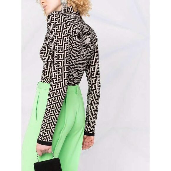 BALMAIN Monogram Mock Neck Long Sleeve Dress Women IVORY/BLACK Dresses